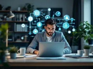 Abgesicherter Home-Office-Arbeitsplatz mit Laptop und Schutzsymbol