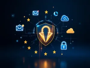 Europäische Datenschutzdienste mit Schild-, E-Mail- und Cloud-Symbolen