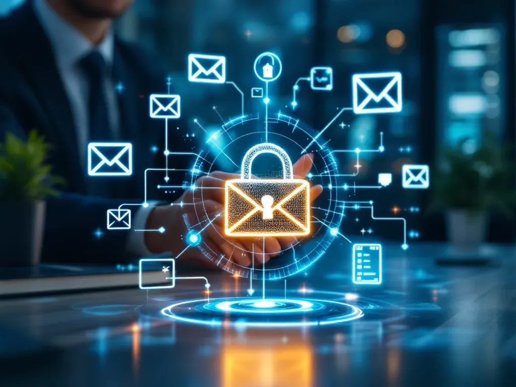 Geschütztes E-Mail-Postfach mit Prüf- und Warnsymbolen