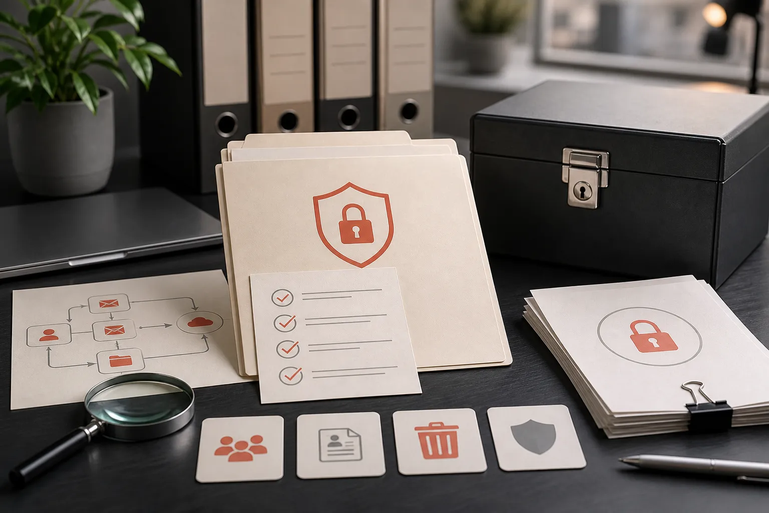 Datenschutzunterlagen, Prüfkarten und gesicherte Dokumentenbox