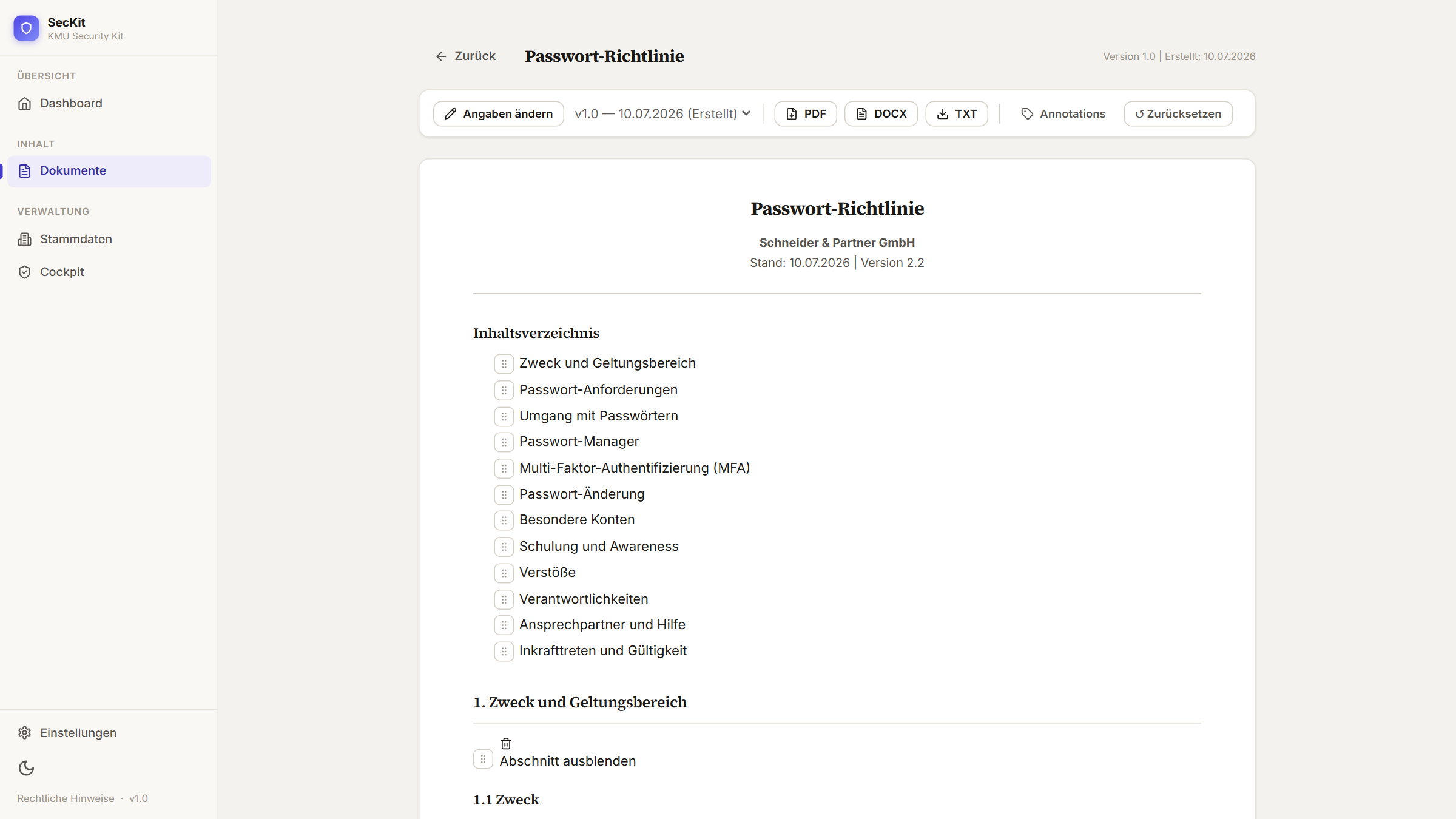 Dokument-Editor mit direkt bearbeitbarem Rechtstext